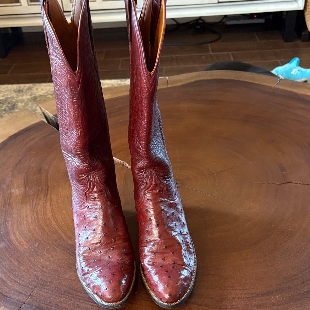 Lucchese Brown Ostrich Leather Heeled Boots - Picture 5 of 16